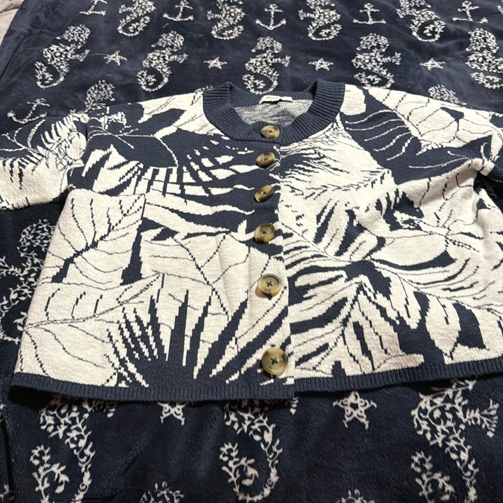 Madewell Navy Blue & White Broadway Cardigan Sweater in Tropical Vacation Sz m
